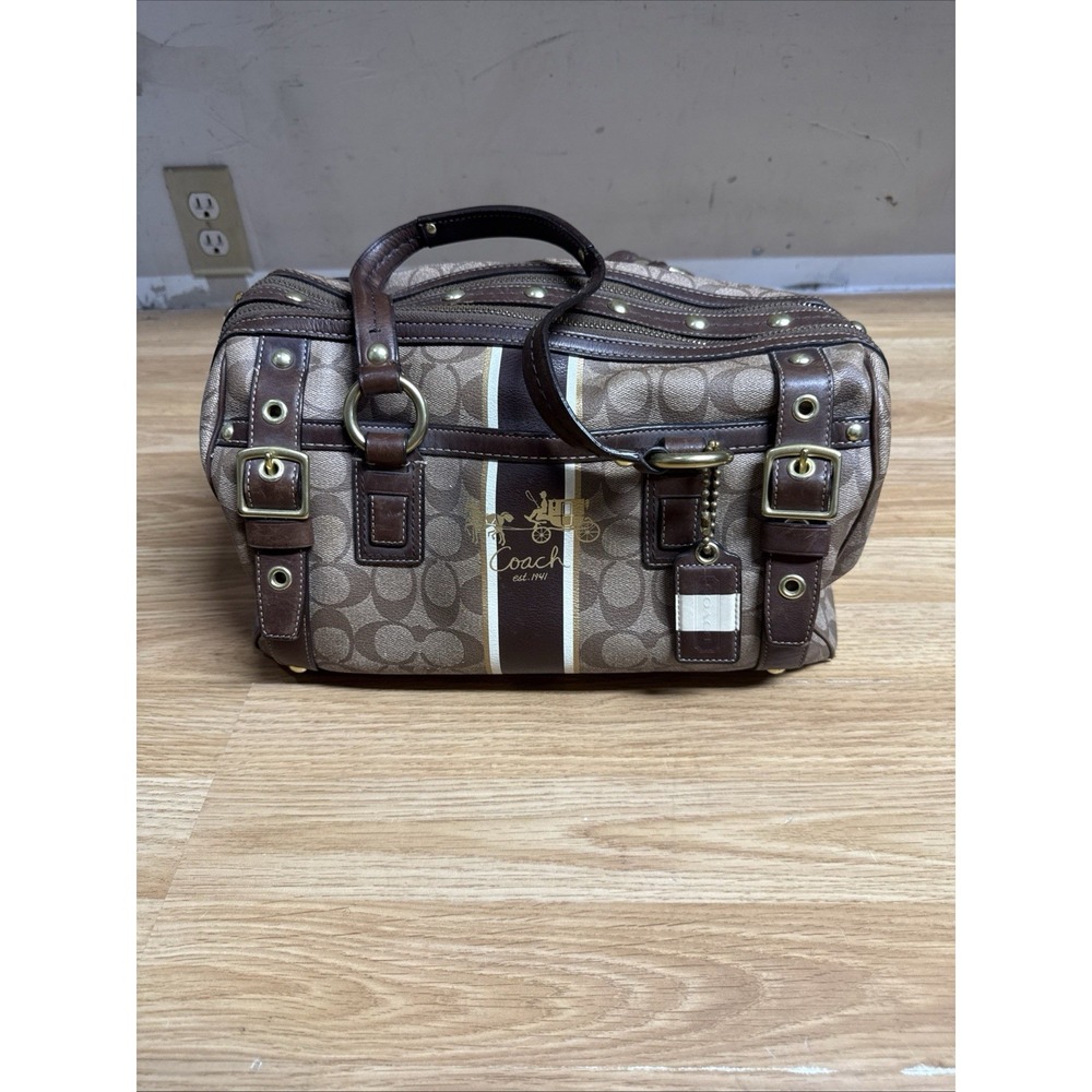 Y2K Vintage Coach Heritage Brown Stripe XL DBL Zip Horse Carriage 12530 Satchel